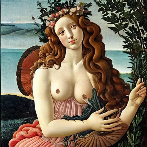 Image similar to an hyperrealistic mythological oil painting of venus with long curly brown hair, full body, wearing floral dress, sleeping in a giant scallop shell, near the seashore, intricate, elegant, renaissance style, by sandro botticelli -