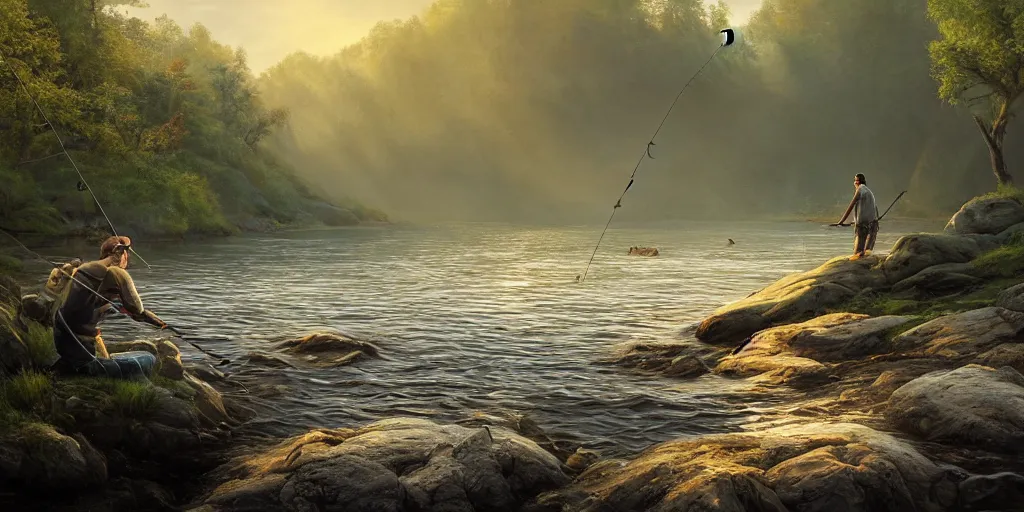 Prompt: breathtaking painting of cute otter hanging fishing rod and fishing on coast of river, morning forest, octane render, artstation, stylized, HDR, smooth light, morning light, 8k