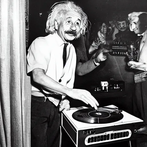 Image similar to photo of Albert Einstein DJing a record player at a nightclub, vintage, highly detailed facial features, at a nightclub