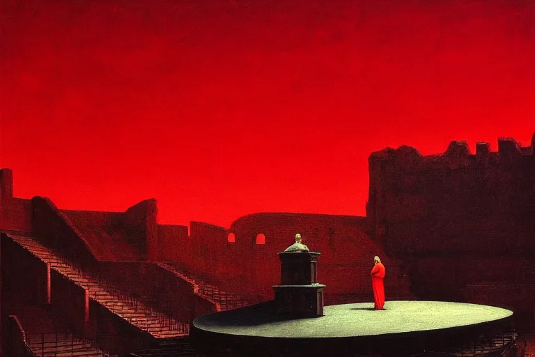 Image similar to only with red, a red great emperor, taormina amphitheatre, expressive crowd hails him, in the style of beksinski, parts by edward hopper, parts by rodcenko, parts by yue minjun, intricate and epic composition, red by caravaggio, insanely quality, highly detailed, masterpiece, red light, artstation, 4 k