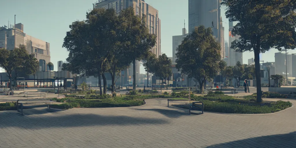 Image similar to modern city center public park, modern landscape architectural design for industrialpunk, cyberpunk, 2077, dramatic lighting and composition, octane render, unreal engine 5, 8k