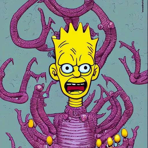 Prompt: illustration of alien creature that looks like bart simpson, in the style of wayne barlowe