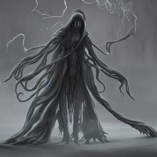 Image similar to concept designs for an ethereal ghostly wraith like figure with a squid like parasite latched onto its head and long tentacle arms that flow lazily but gracefully at its sides like a cloak while it floats around a frozen rocky tundra in the snow searching for lost souls and that hides amongst the shadows in the trees, this character has hydrokinesis and electrokinesis for the resident evil village video game franchise with inspiration from the franchise Bloodborne and the mind flayer from stranger things on netflix