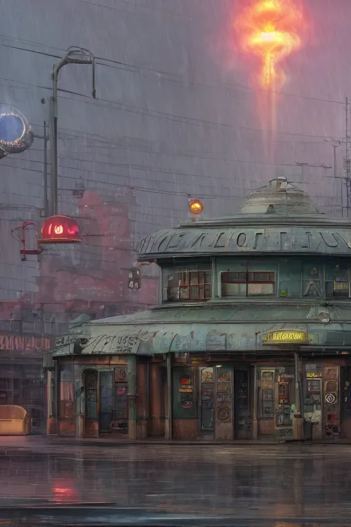 Image similar to a highly detailed matte painting of a soviet steampunk gas station in lightning storm and heavy rain by studio ghibli, makoto shinkai, by artgerm, by wlop, by greg rutkowski, volumetric lighting, octane render, 4 k resolution, trending on artstation, masterpiece