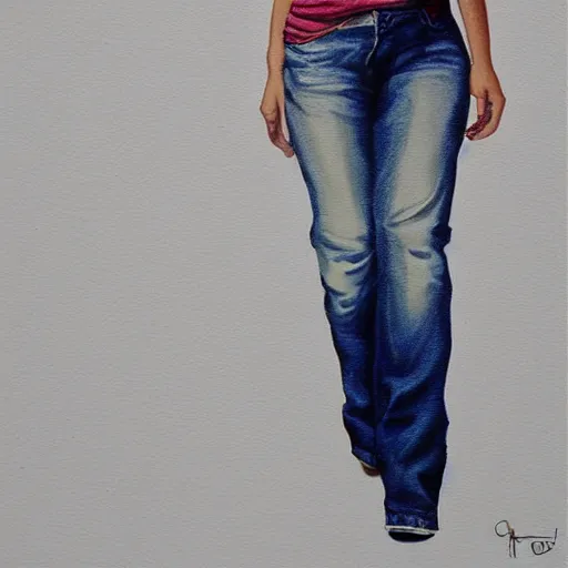 Image similar to woman in jeans wih belly, white t - shirt, realistic style, digital painting, diego fazio, samuel silva