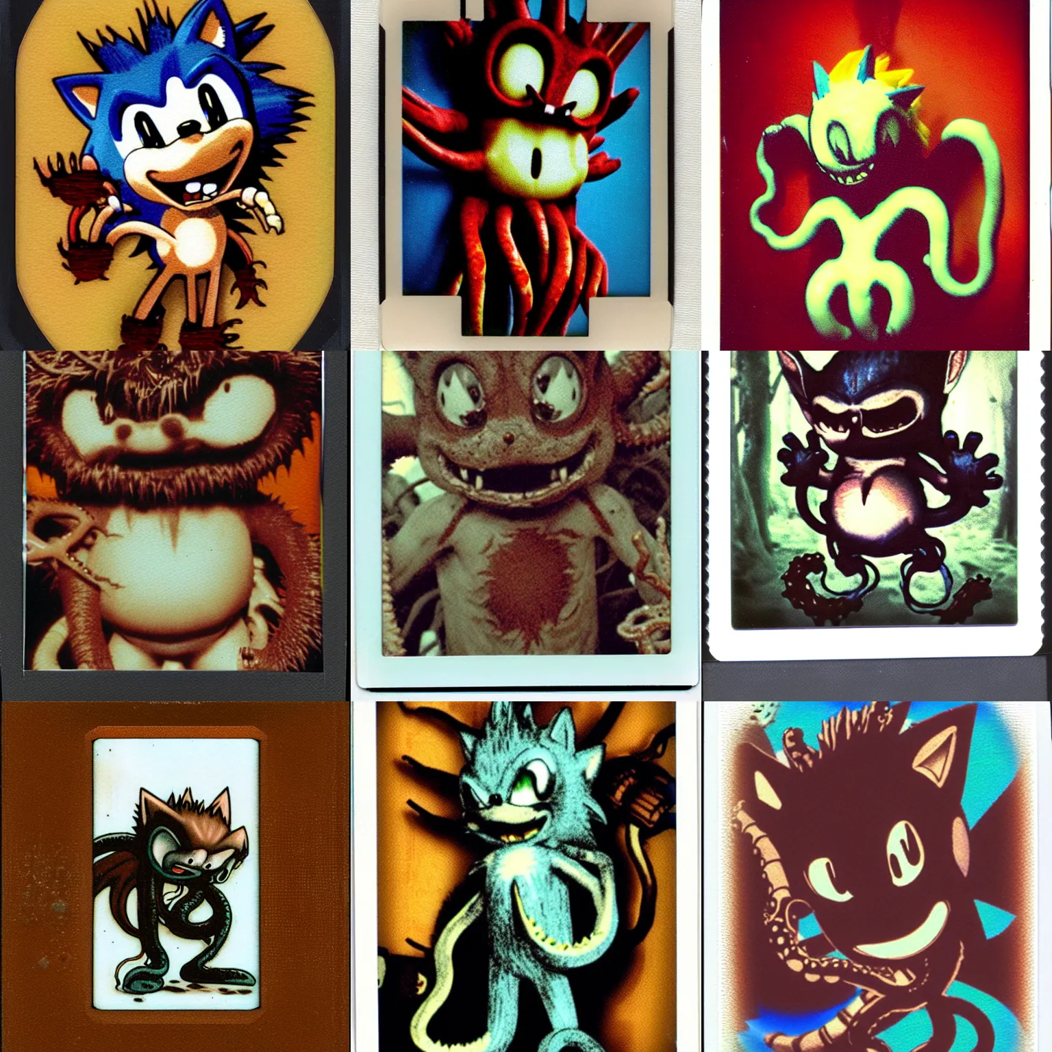 Prompt: cross section polaroid instax polaroid film still of a sonic the hedgehog with fangs and claws, dark forest, rusted silent hill, tentacles, creepypasta