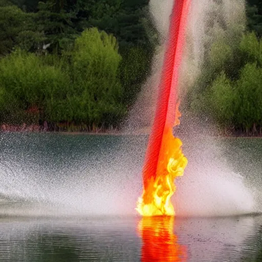 Prompt: A fire hose that only sprays fire being used to fight a lake.