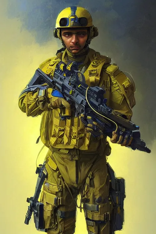 Image similar to a special forces unit soldier modern technology, blue and yellow shoulder patch, realistic portrait full body, symmetrical, highly detailed, digital painting, artstation, concept art, smooth, sharp focus, illustration, cinematic lighting, art by artgerm and greg rutkowski and alphonse mucha