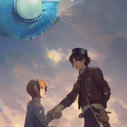 Image similar to a boy and a girl in a steam punk airship. By Makoto Shinkai, Stanley Artgerm Lau, WLOP, Rossdraws, James Jean, Andrei Riabovitchev, Marc Simonetti, krenz cushart, Sakimichan, trending on ArtStation, digital art.