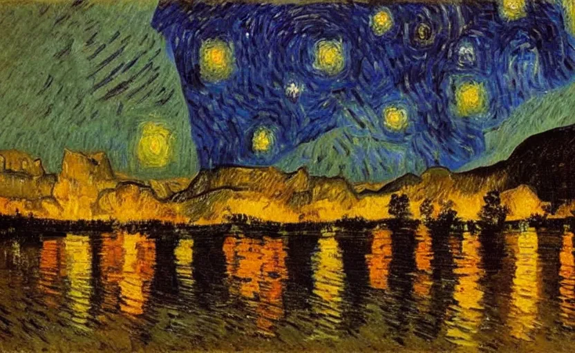 Prompt: yosemite national park at night, painting by van gogh, oil paint,