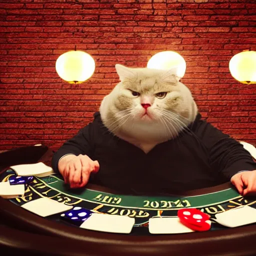 Image similar to fat mobster cat gambling at a poker table single light overhead smokey photo