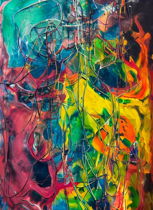 Image similar to abstract expressionism oil painting intertwined with a mutant biomorphic biological human structure, spray paint texture, drips, impasto paint, 3 d graffiti texture, brushstrokes, abstract, highly detailed, hyperealistic fresh paint, harmonious, chaotic, colorful, in the style of francis bacon