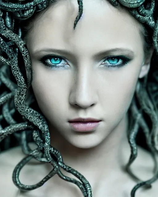 Image similar to beautiful insanely detailed portrait of a dark and mysterious Medusa, 35mm, cinematic shot, photorealistic, hard light, depth of field