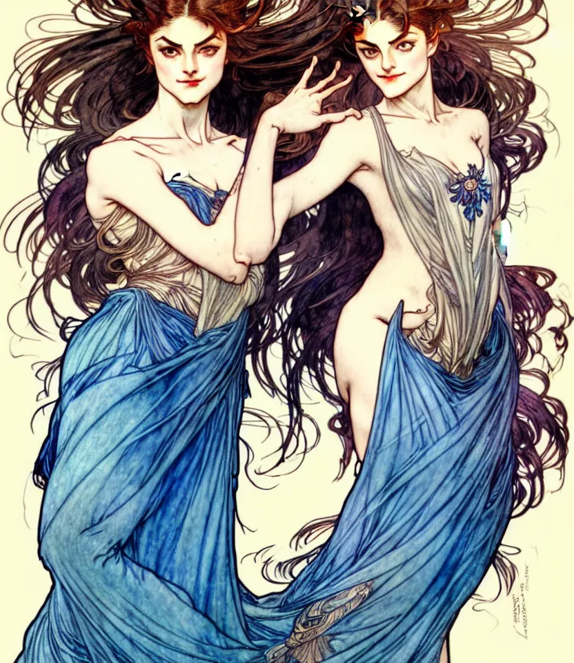 Image similar to in the style of artgerm, arthur rackham, alphonse mucha, phoebe tonkin, symmetrical eyes, symmetrical face, flowing blue skirt, full entire body, hair blowing, intricate filagree, hidden hands, warm colors, cool offset colors