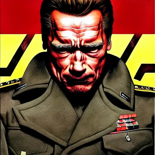 Prompt: uhd photorealistic portrait of arnold schwarzenegger in nazi uniform, by amano, ayami kojima, greg rutkowski, lisa frank, mark brooks, and karol bak, masterpiece, cinematic composition, dramatic pose, studio lighting, correct face, hyperdetailed, intricate details