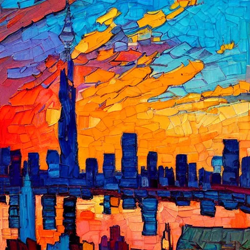 Image similar to a painting of a sunset over a cityscape with buildings in the background, an oil painting by erin hanson and stanton macdonald wright, deviantart, american impressionism, rich color palette, impressionism, fauvism, cgsociety, lyrical abstraction, cityscape, dystopian art