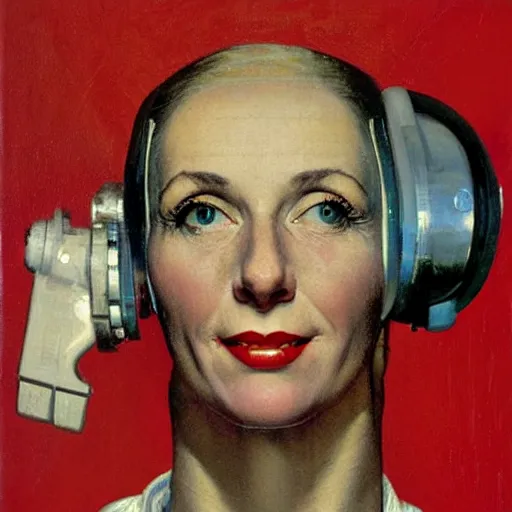 Prompt: Frontal portrait of a woman happy with her bright cybernetic enhancements. A painting by Norman Rockwell.