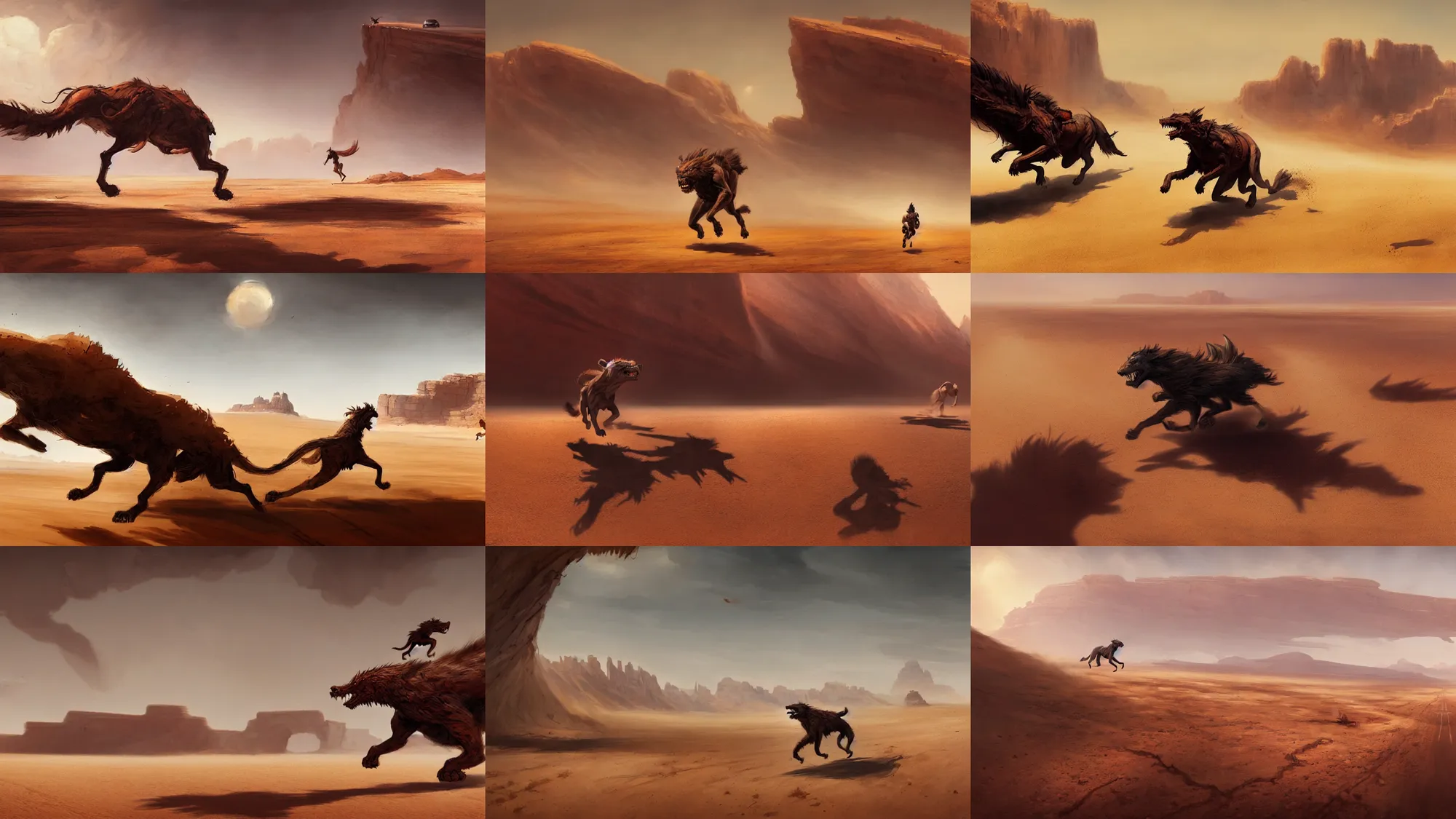 Image similar to beast running across the open desert, empty desert, sand, karst landscape, wide shot, concept art by greg rutkowski