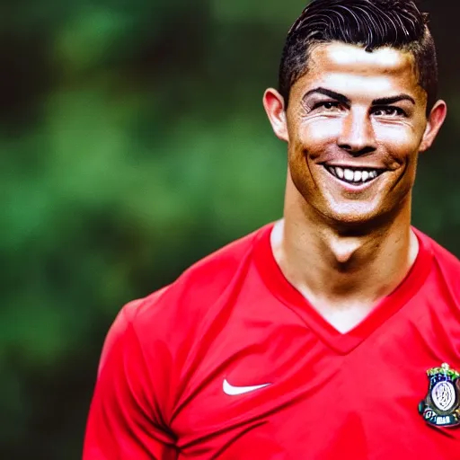 Prompt: christiano ronaldo smiling, portrait, f 2 2, 3 5 mm lens