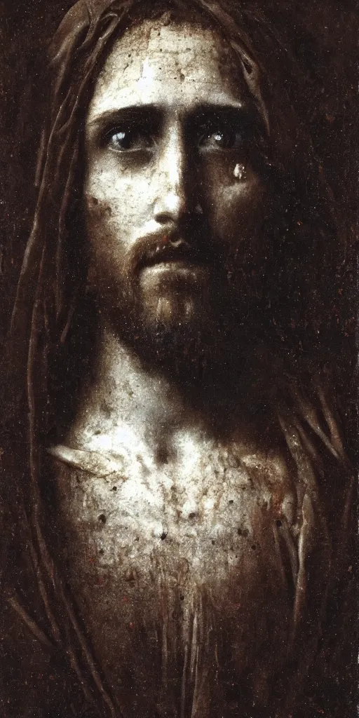 Image similar to portrait of jesus christ on the cross, by nicola samori, painting, 8 k, high detail