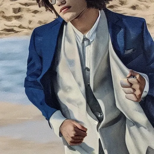 Prompt: portrait of Taehyung wearing a Gucci suit at the beach in Italy, highly detailed,