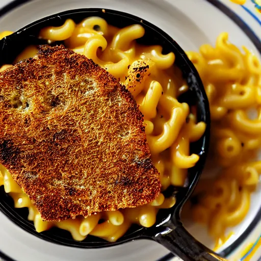 Image similar to a close - up shot of vegemite on top of macaroni and cheese, hd, photo, soft lighting, food