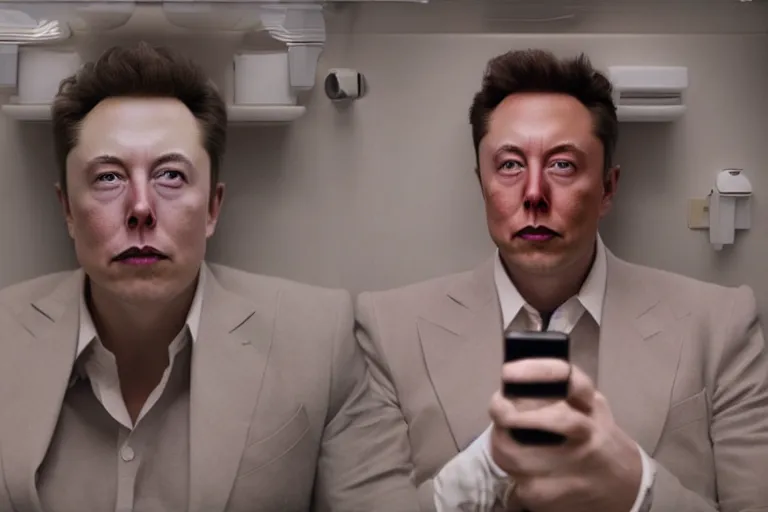 Image similar to hyperrealism aesthetic ridley scott and denis villeneuve style photography of a detailed giant elon musk, siting on a detailed ultra huge toilet and scrolling his smartphone in hyperrealism scene from detailed art house movie in style of alejandro jodorowsky and wes anderson