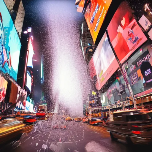 Image similar to an epic highres gopro shot of spaghetti raining down on times square