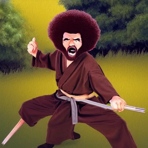 Image similar to bob ross fighting ninjas and screaming