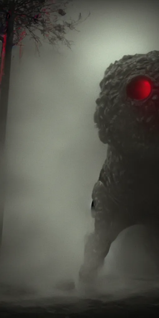 Image similar to very low - resolution found footage of a kaiju monster, fog, smoke, red hue, thriller, underdeveloped, flare, epic, dramatic