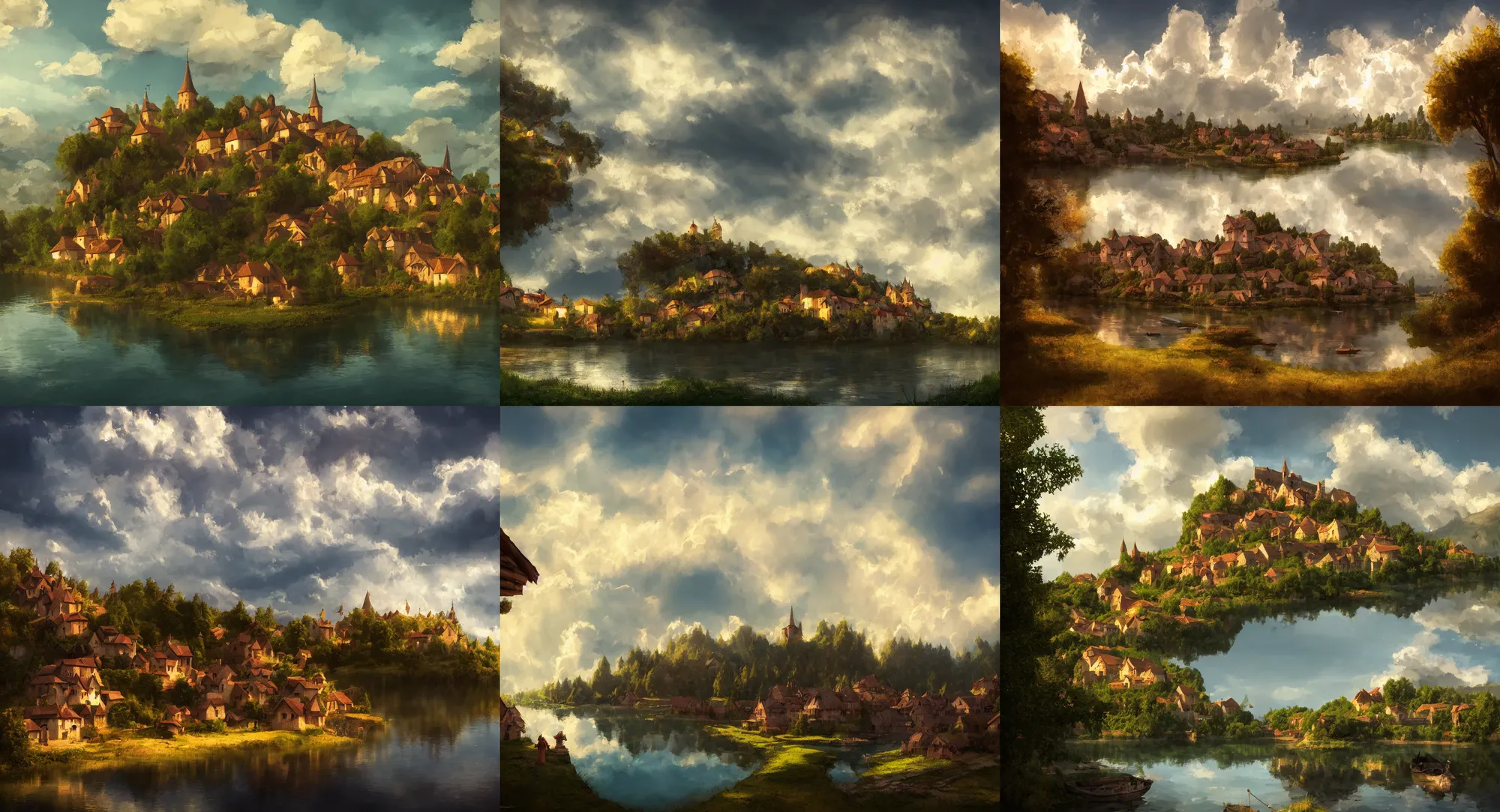 Prompt: A beautiful rendition of a small medieval village near a lake as seen from a boat, cumulus clouds, dramatic composition, cinematic, concept art, golden ratio, matte painting, Marc Simonetti, Sergey Vasnev, Anato Finnstark, artstation, 8k, high resolution