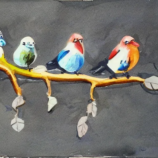 Prompt: five birds on a branch