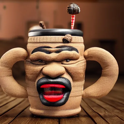 Prompt: a photorealistic photograph of a knitted Trader Vic's Tiki Mug featuring Mike Tyson in boxing gloves at bar Trending on Artstation, featured on Behance, well-rendered, Unreal Engine, 4K HD