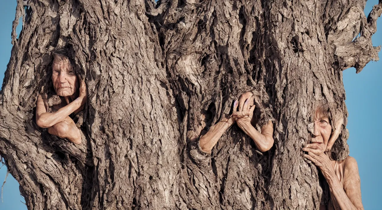 Image similar to 65-year-old woman merged with a tree, crying one single tear, facing the camera and sitting on a dried up river in a desolate land, blue sky, hot and sunny, highly-detailed, elegant, dramatic lighting, artstation, 4k, cinematic landscape, photograph by Elisabeth Gadd