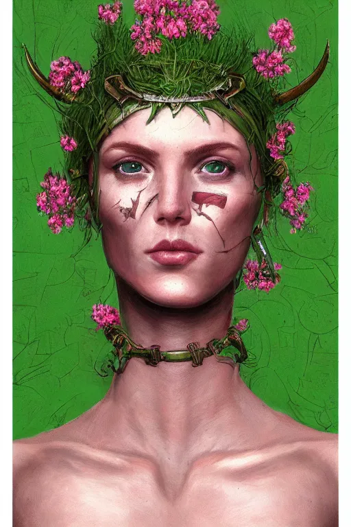 Image similar to portrait of beautiful young mainem, warhammer, russian style, cyber armor, a lot of more scars, more and more flowers, green head, the middle ages, highly detailed, artstation, illustration, art by rene magritte, 8 k quality