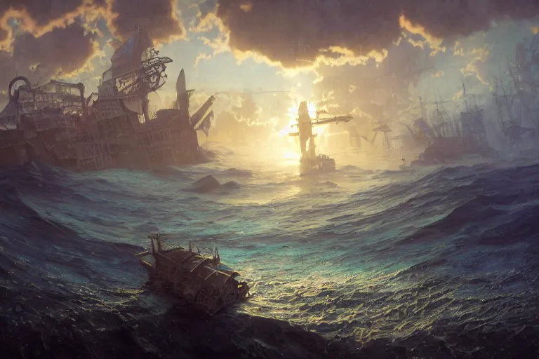 Image similar to a scenic view of the lost and abandoned city of Atlantic under water, ray of sunlight, shipwreck at the bottom of the sea, fish flocks, Greg Rutkowski, Moebius, Mohrbacher, Mucha, blue and gold color scheme, ultra wide angle, light effect