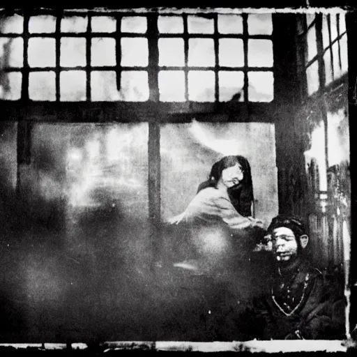 Image similar to opium den in use, monochrome film, soft focus, dreamlike,