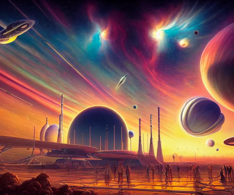 Image similar to hyper detailed 3d render like a Oil painting - people cheer at a spaceport on a beautiful faraway planet as a rocket blasts off, large gas giant in the dramatic nebula-filled alien sky, retrofuturistic science fiction vibe, by Jacek Yerka, Mariusz Lewandowski, Houdini algorithmic generative render, Abstract brush strokes, Masterpiece, Edward Hopper and James Gilleard, Zdzislaw Beksinski, Mark Ryden, Wolfgang Lettl, hints of Yayoi Kasuma, octane render, 8k, wide angle shot