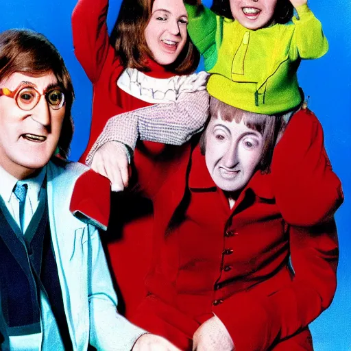 Image similar to on the full color tv set of captain kangaroo, john lennon is guest starring as the host, 7 0 s color grade