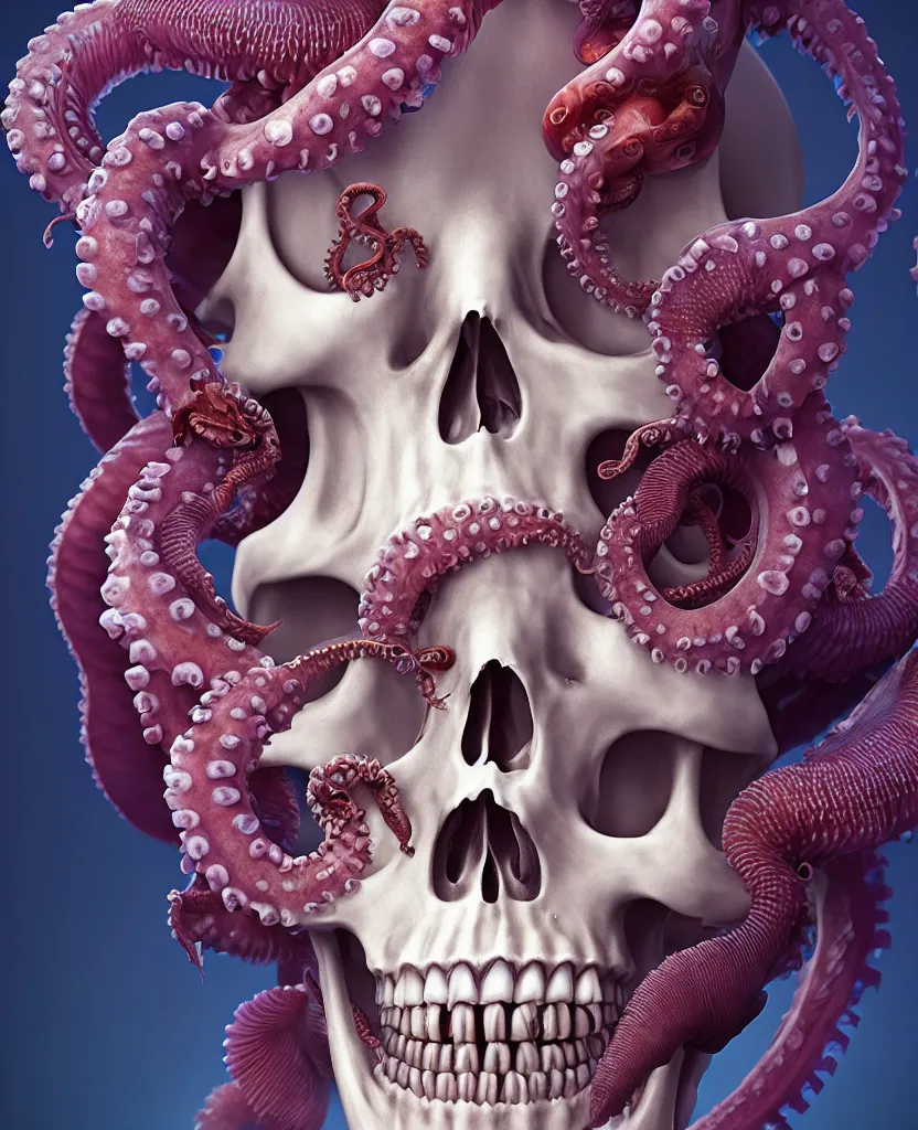 Image similar to goddess close - up portrait human skeleton, ram skull, octopus, jellyfish, orchid, betta fish, bioluminiscent, intricate artwork by tooth wu and wlop and beeple. octane render, trending on artstation, greg rutkowski very coherent symmetrical artwork. cinematic, hyper realism, high detail, octane render, 8 k