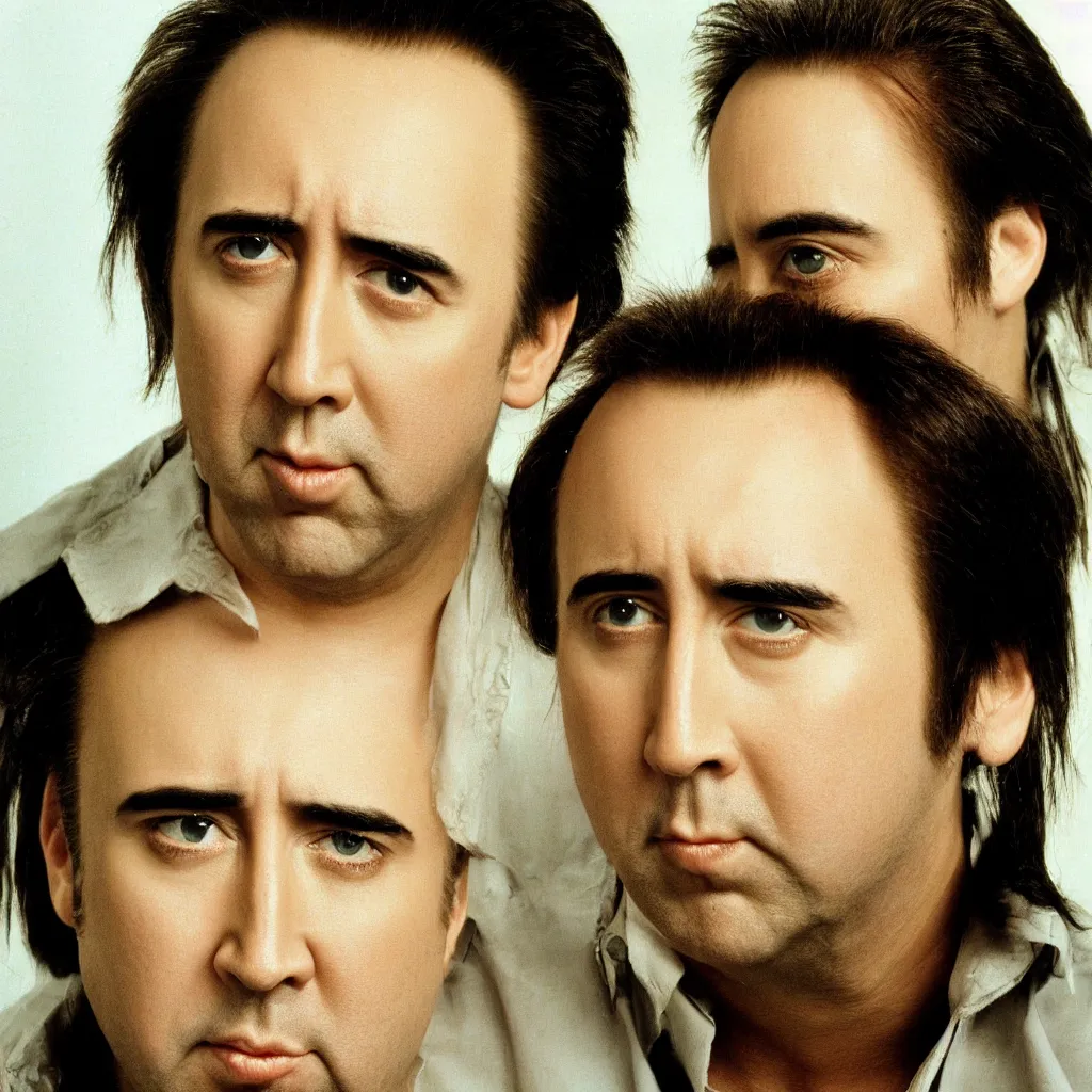 Image similar to nicolas nick cage headshot 1 9 9 9 photograph straight on color