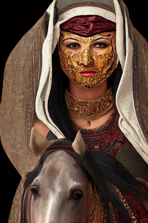 Image similar to hyperrealistic portrait from middle eastern mask woman riding horse, super highly detail, accurate, without duplication content, gta chinatown wars art style, white border frame median 5, medium close up shot, justify content center, symmetrical