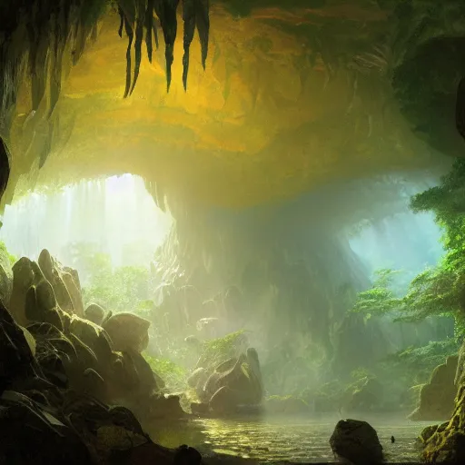 Image similar to A large acid dragon egg inside a tropical cave, fantasy art by albert bierstadt and James Gurney, highly detailed, digital painting, matte painting, concept art, illustration, oppressive lighting, trending on artstation, very detailed