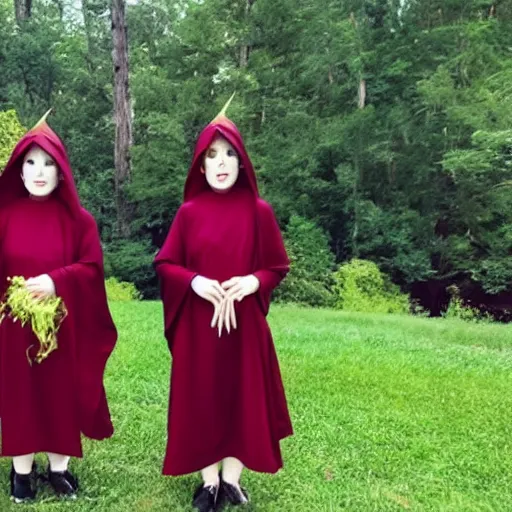 Image similar to photo of wearing pointed hats, translucent dresses, two freaky levitating twin nuns