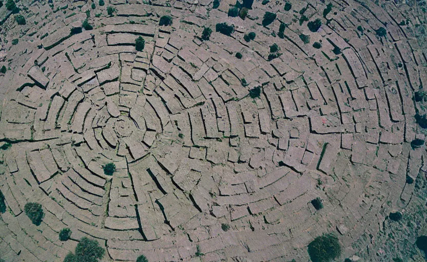 Image similar to high quality 2000s historic footage of gigantic labyrinth liminal space style megalith, color aerial photo drone, Cinestill 800t, heavy grainy picture, very detailed, high quality, 4k panoramic