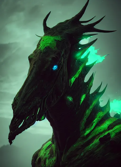 Image similar to an epic fantasy comic book style portrait painting of an giant abyssal green alien horse, humanoid, menacing. unreal 5, daz, hyperrealistic, octane render, cosplay, rpg portrait, dynamic lighting