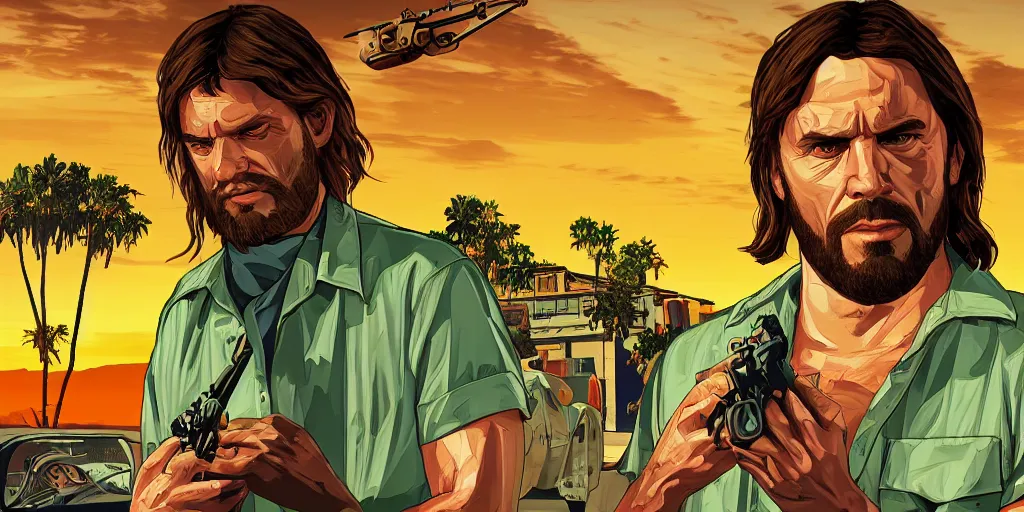 Prompt: jesus christ in gta v, cover art by stephen bliss, boxart, loading screen, 8 k resolution