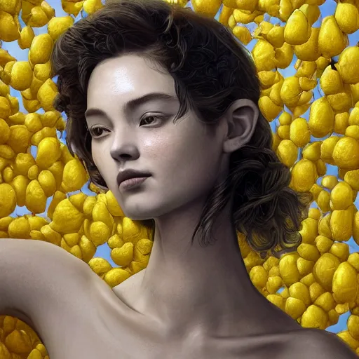 Image similar to the portrait of an absurdly beautiful, graceful, elegant, sophisticated, young teen girl made up of lemons looking up, an ultrafine hyperdetailed illustration by kim jung gi, irakli nadar, intricate linework, bright colors, octopath traveler, final fantasy, unreal engine 5 highly rendered, global illumination, radiant light, detailed and intricate environment