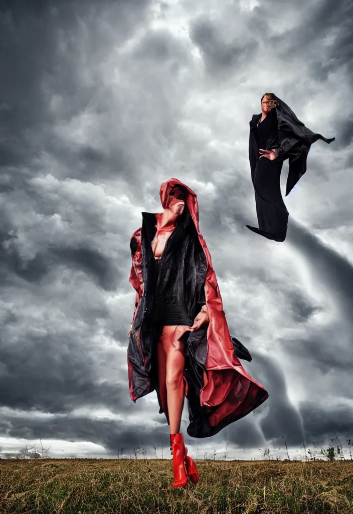 Image similar to fashion editorial in front of a tornado cloud.