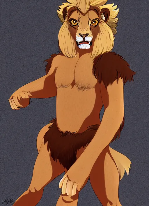 Prompt: digital painting of a lion wearing a loincloth, fursona, furry art, stylized, cel shaded, ultra detailed, anime key visual,